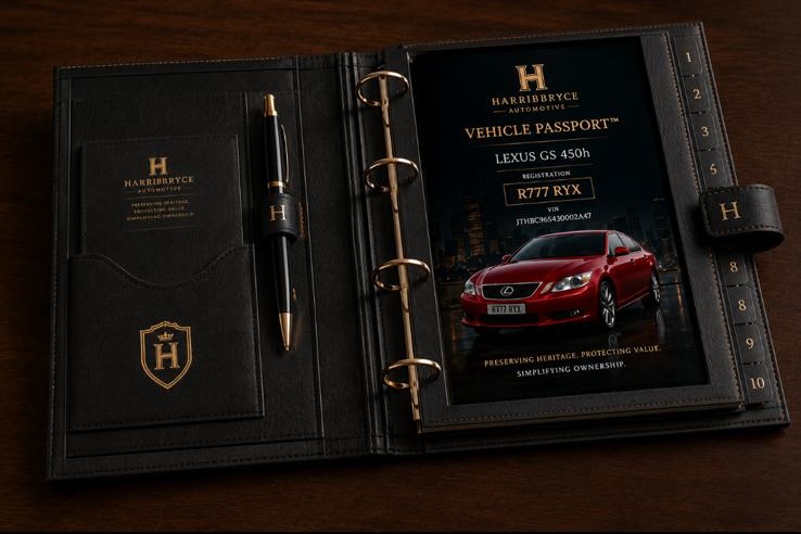 The Harribrryce Vehicle Passport binder open to a Lexus GS 450h passport page, with branded pen and pocket notepad.