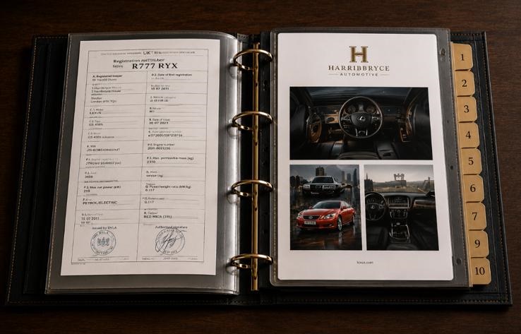 The binder open to a DVLA registration certificate alongside a photographic record spread of the vehicle's interior and exterior.